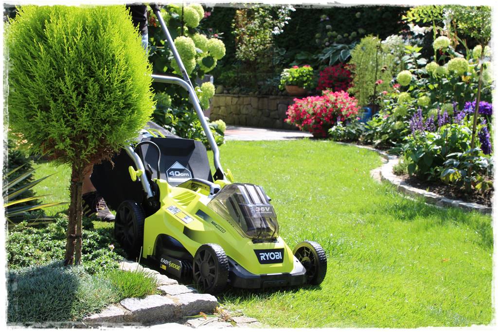 Kosiarka RYOBI stojąca na trawniku przy ogrodowej roślinności Kosiarka akumulatorowa RYOBI 100