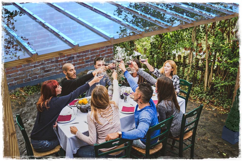 Group,Of,Friends,At,Restaurant,Outdoors, ,People,Having,Dinner